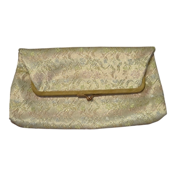 Kisslock Vintage Brocade Gold Pastel Floral Foldover Clutch - Picture 1 of 6